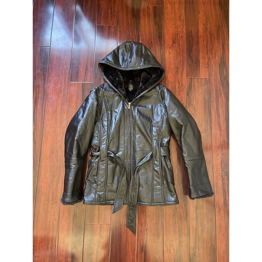 Wilsons Leather Jacket Womens M Brown Full Zip Faux Fur Trim Lining Hooded Belt